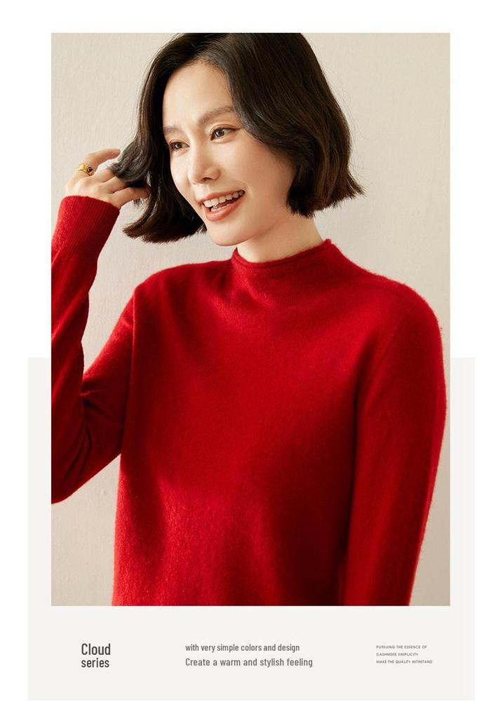 Women's Cashmere Half-High Collar Sweater: Autumn/Winter Style, Twelve-Stitch Rolled Hem, Loose Slimming Knit Base Layer