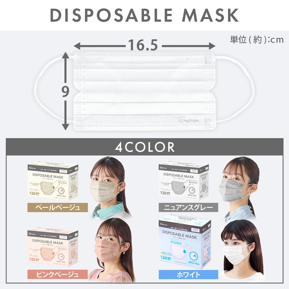 IRIS OHYAMA Одноразовые нетканые плиссированные обычные маски, 120 штук, размер,