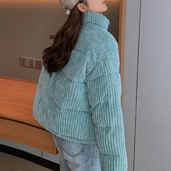 Women's Winter Jacket Corduroy Puffer Short Down Jacket Warm Quilted Cotton Coat Stand Collar Outerwear for