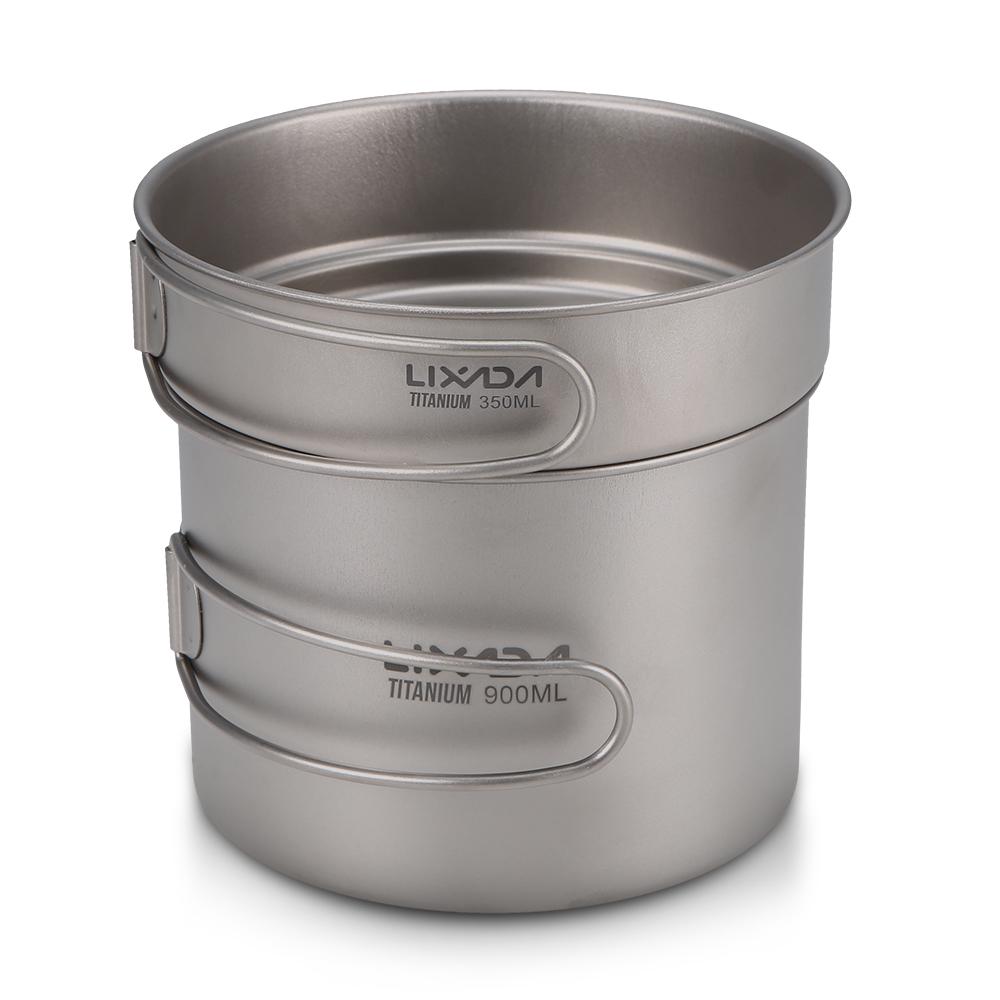 Lixada Ultralight Titanium Cookset Outdoor Camping Cookware Set 900ml Pot and 350ml Fry Pan with Folding Handles