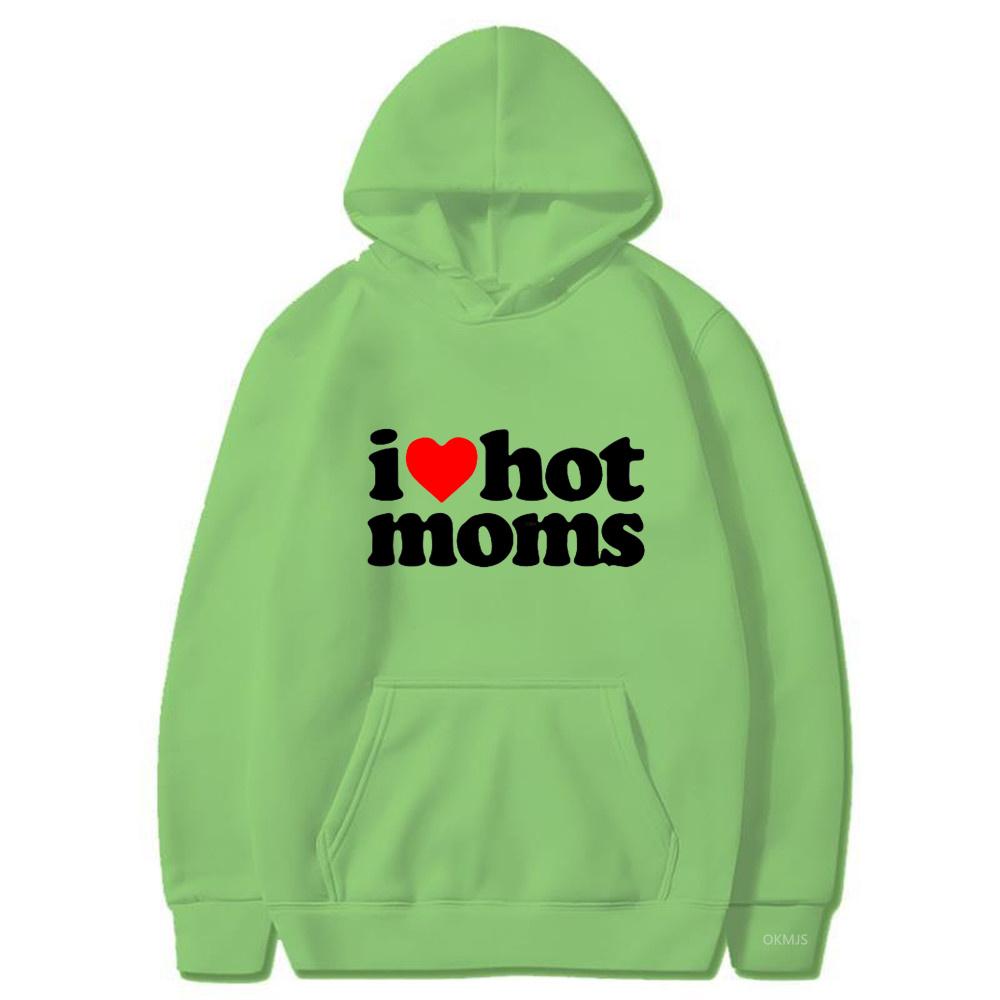 Толстовки унисекс с капюшоном I Love Hot Moms, забавные толстовки с красным сердцем Love Moms, женская толстовка унисекс, повседневный пуловер большого размера, одежда унисекс