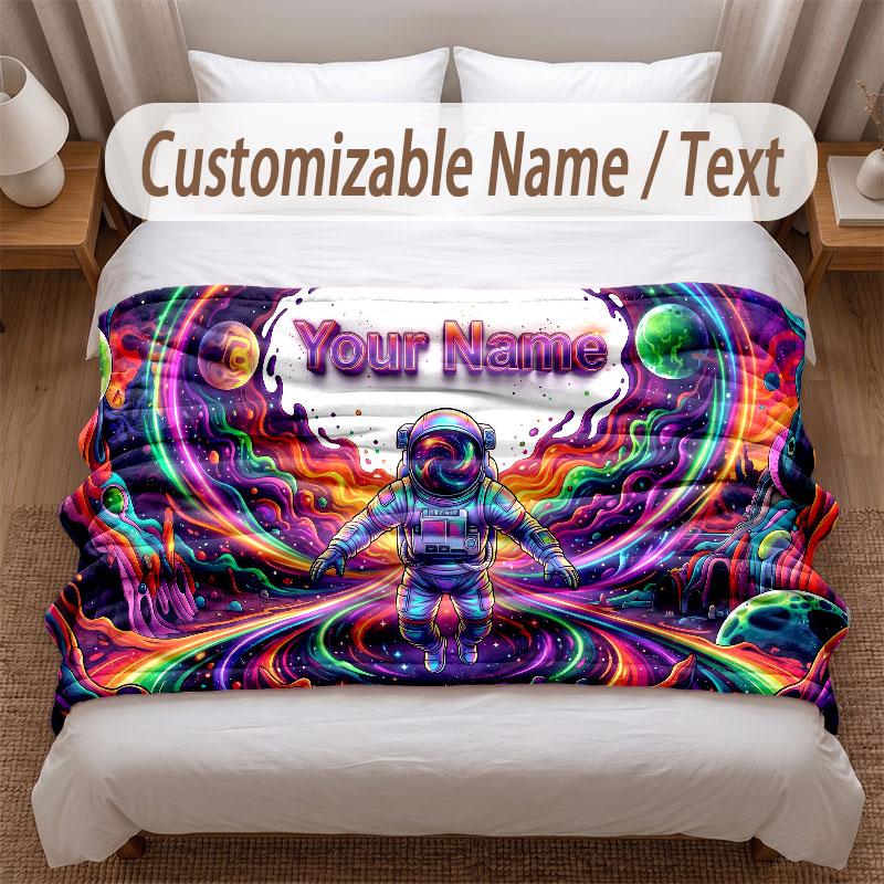 Astronaut Space Theme Soft Blanket Personalized Custom Name Text Print Warm Blanket Home Sofa Bedroom Decor