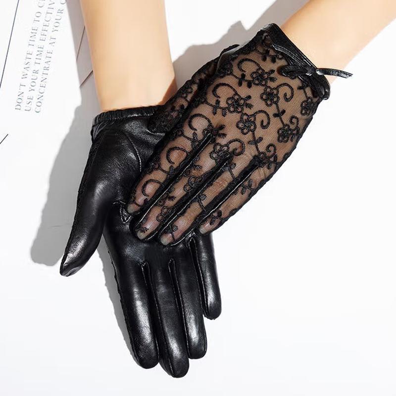 Thin Sheepskin Gloves Women's Leather Touch Screen Fashion Lace Unlined Short Spring and Autumn Driver's Gloves