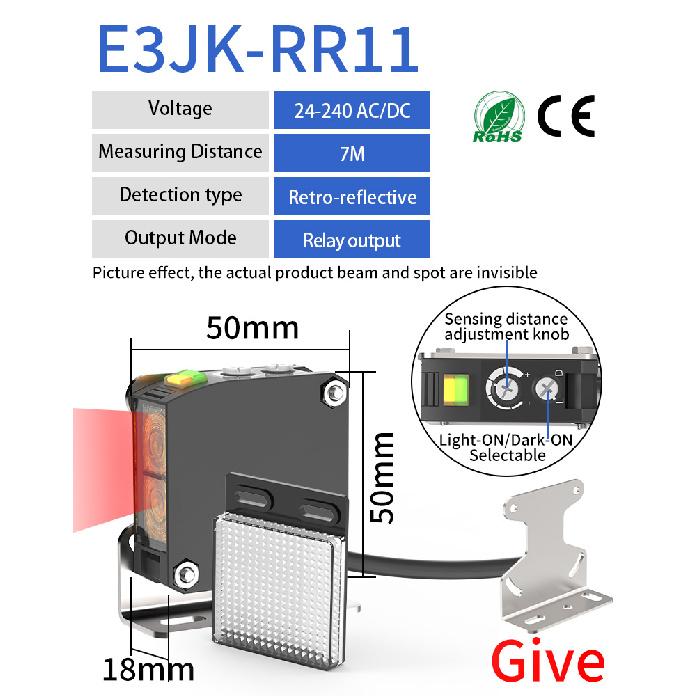 Фотоэлектрический датчик GTRIC E3JK-RR12 Рефлекторный 24-240В DC/AC Универсальный релейный выход Квадратный оптический фотоэлектрический переключатель