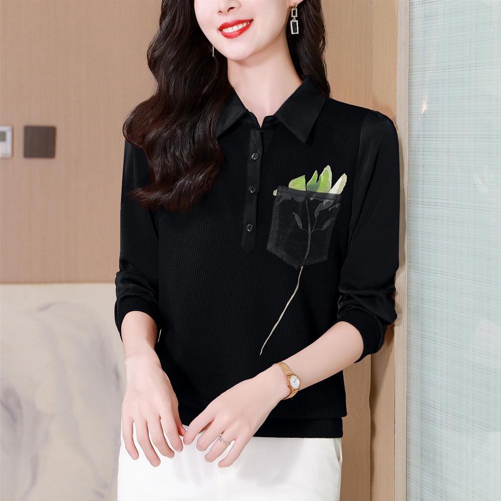 Молодая мама с принтом отворота свитер с длинными рукавами рубашка осень новая модная рубашка для среднего и пожилого возраста свободный топ