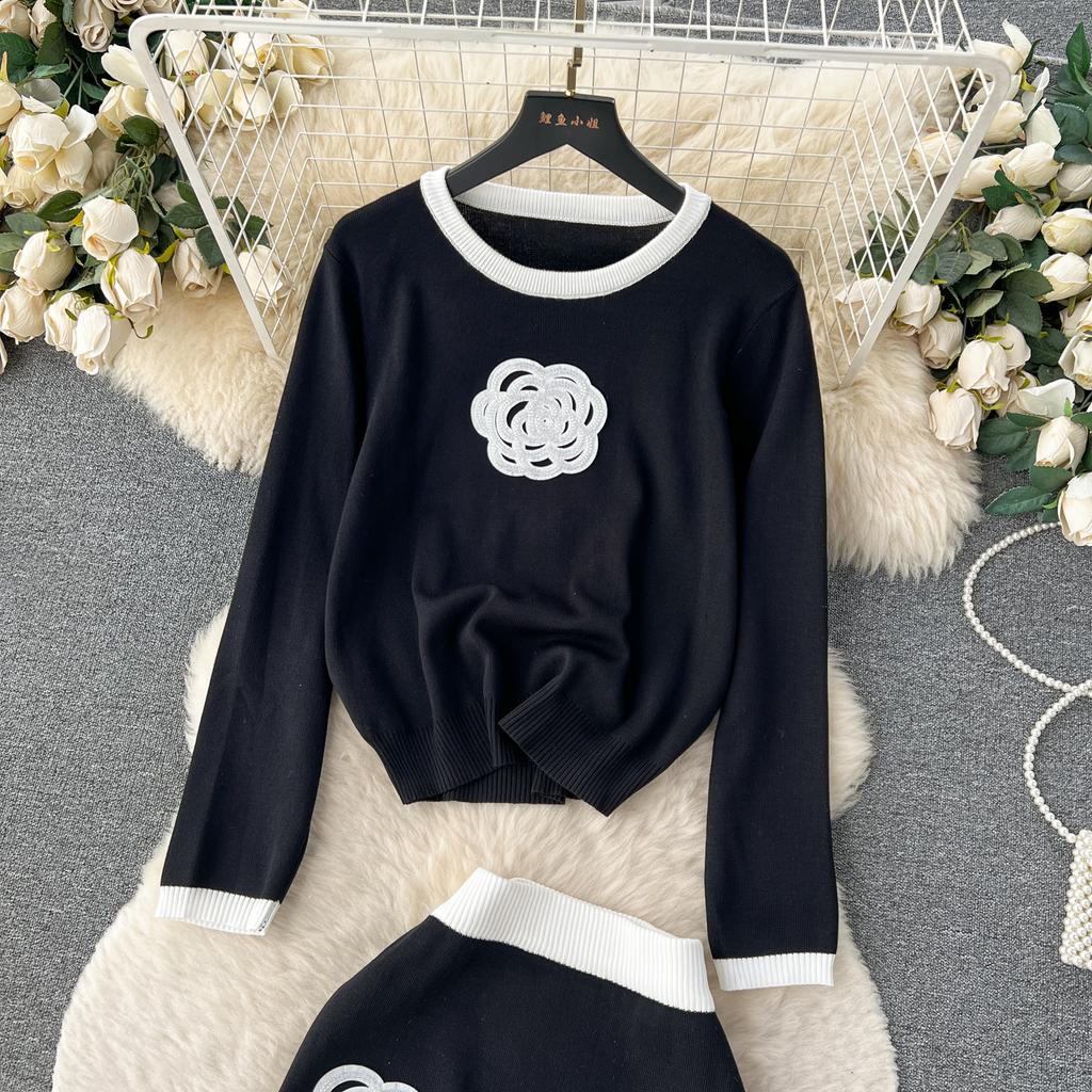 Осенний женский брендовый дизайнерский вязаный свитер с бисером, комплект из двух предметов, пуловер с длинными рукавами, топ и тонкая облегающая юбка-футляр, наряды