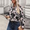 Модный длинный рукав лацкан цветок принтованный бандажный пуловер рубашка топ для женщин