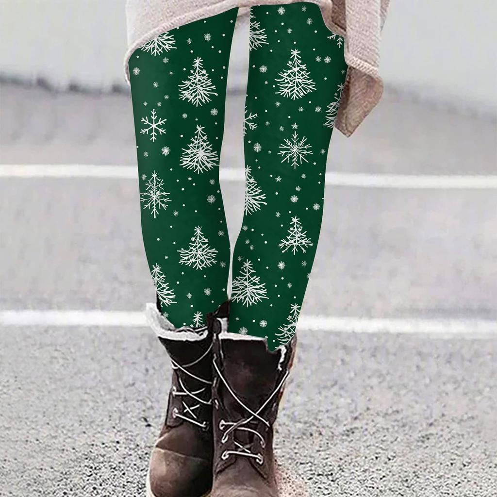 Women's Casual Christmas Tree Snowflake Print Slim Fit Elastic Yoga Pants Cropped Pants