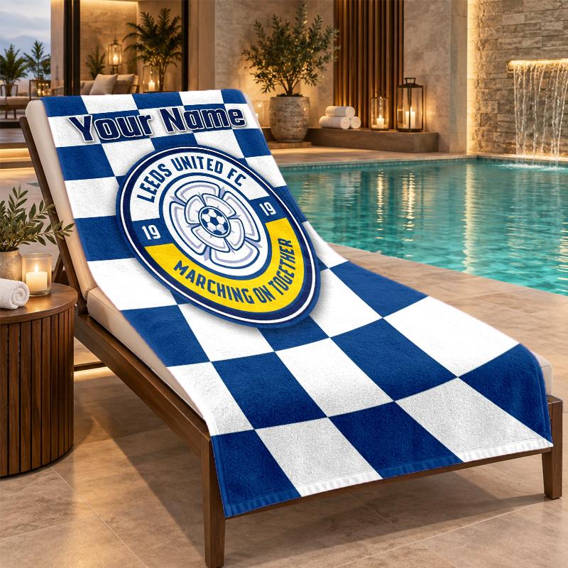 Custom Name Leeds United FC Beach Towel Personalized Text Soft Towel Swimming Travel Bath Gift
