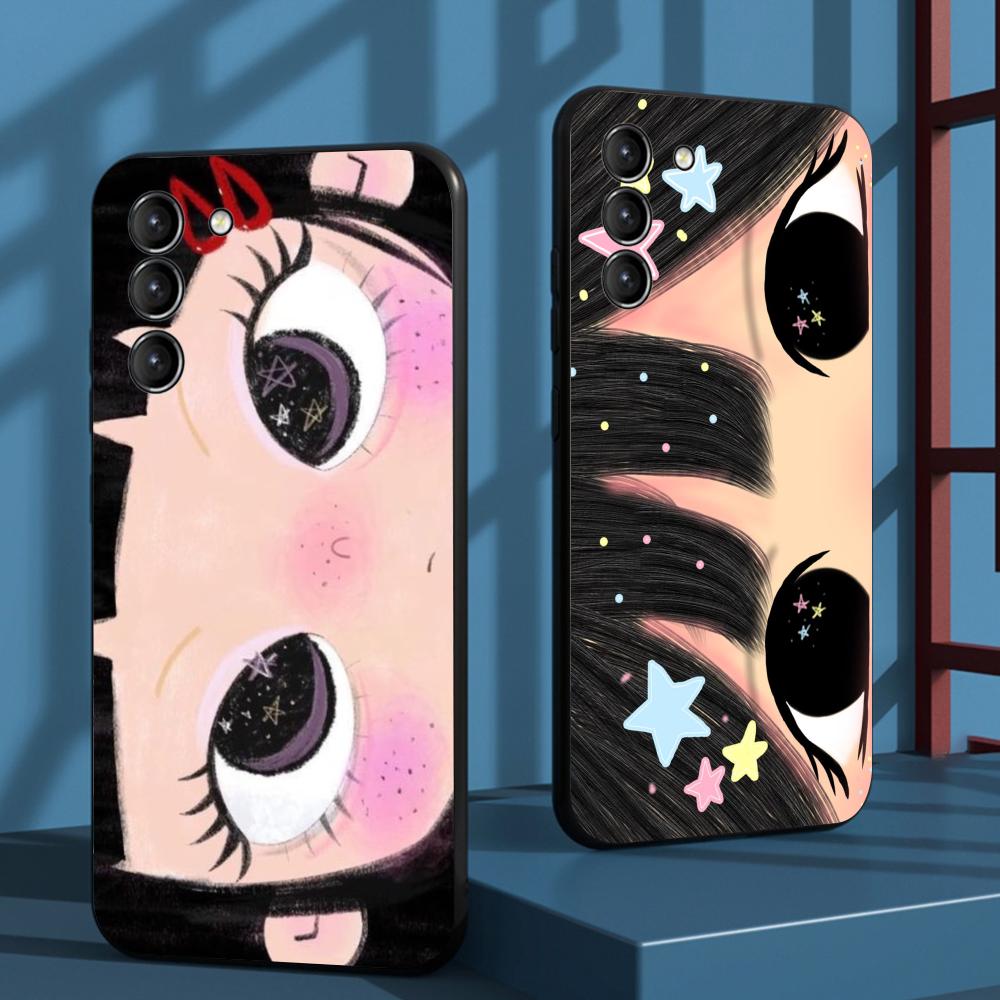Cute girl cartoon big eye design Phone Case For Samsung Galaxy S26 S25 S24 S23 S22 S21 Plus Ultra Note20 Soft Black