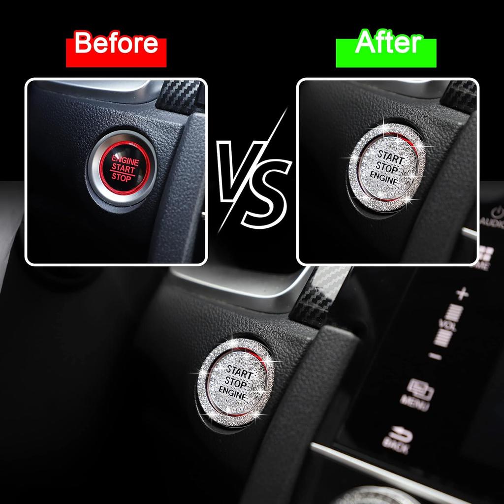 TOMALL Bling Car Engine Start Button Cover Diamond Crystal Push Start Ring Sticker Sparkly Accessories Ignition Button Rhinestone Emblem Decorations