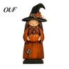 Rustic Wooden Witch Craft for Desk Ornament, Retro Halloween Figurine with Broom/Pumpkin/Black Detailed Carving Cat, Creative Tabletop Centerpiece
