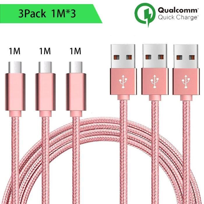 Câble Micro USB - E.F.CONNECTION - Lot de 3 - 1M - Nylon - Compatible Android
