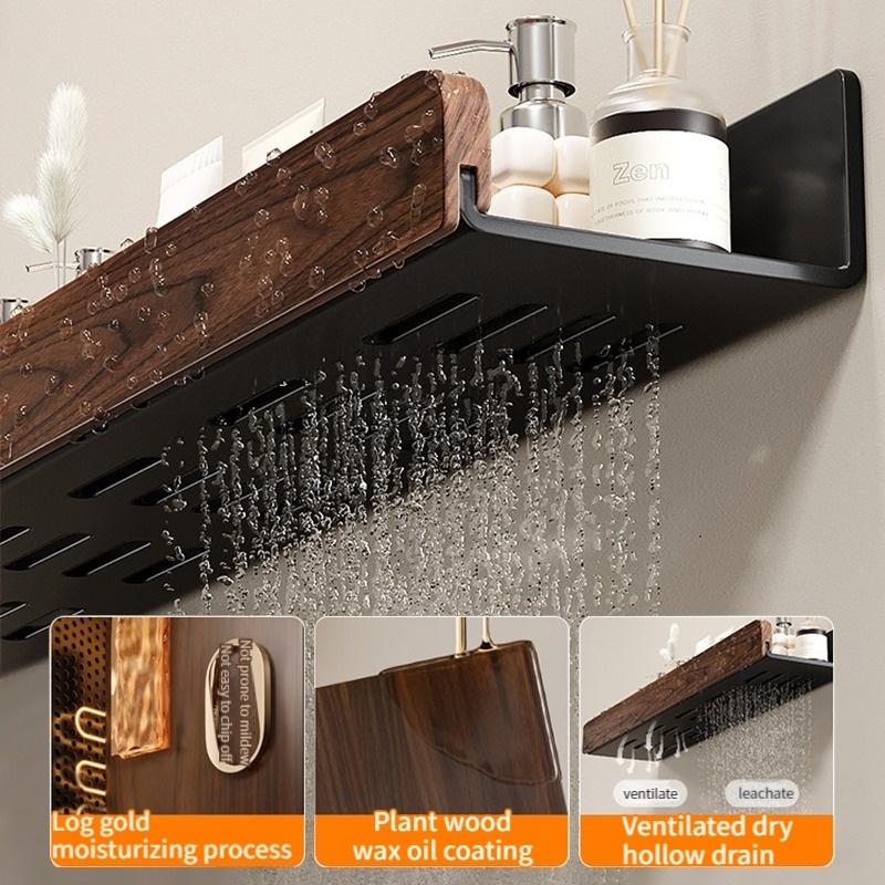 Upgraded Removable Walnut Wood Bathroom Shelf Punch‑Free Wall Mounted Storage Organizer