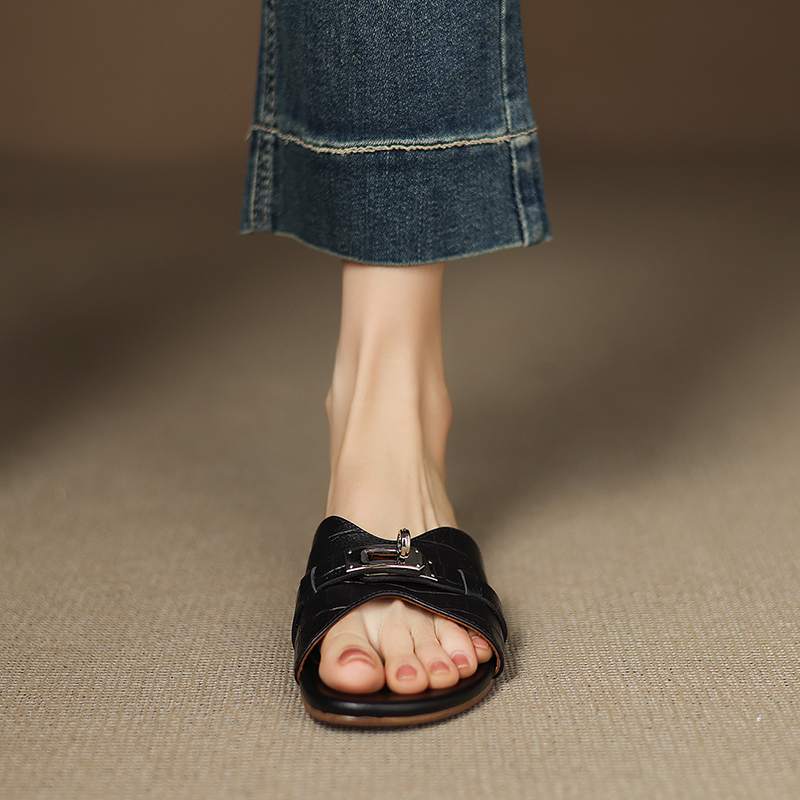 Krazing Pot Мюли из коровьей кожи, летние, размер 42, на низком каблуке, роскошные туфли с металлическими украшениями, женские, суперзвездные, женские, с открытым носком, сандалии без застежек