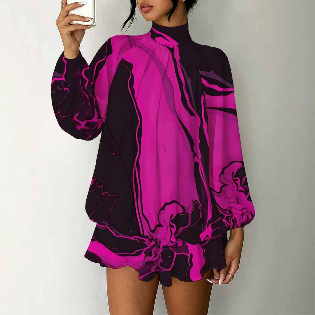 Women's 3D Colorful Abstract Floral Print Mock Neck Long Sleeve Dress, Raglan Sleeve Fake Two Piece Mini Dress
