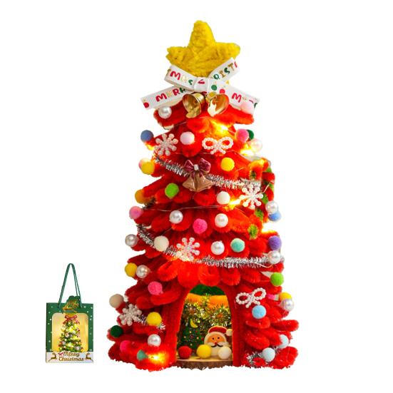 DIY Pipe Cleaners Christmas Tree Kit with String Light Twistable Plush Stick Xmas Tree Winter Bendable Fuzzy Stem Craft Kit for Holiday Home