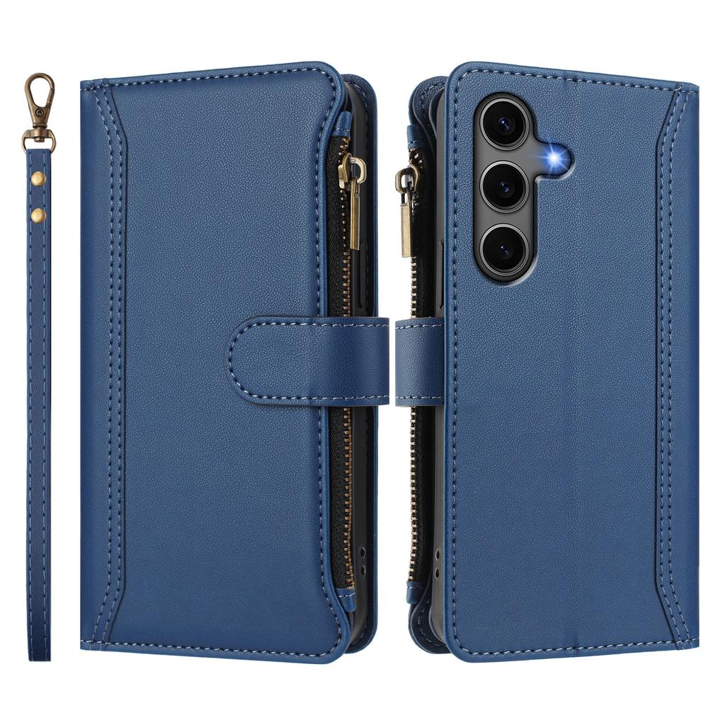 For Samsung Galaxy S24+/Galaxy S25+ Leather Case 9 Card Slots Zipper Wallet Stand Phone Cover with Wrist Strap