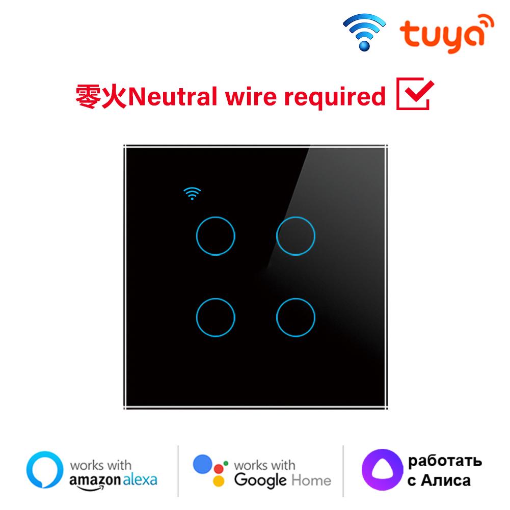 Tuya WiFi Smart Wall Switch EU 4gang Нужен нейтральный провод Сенсорный выключатель Управление умным домом через Smart Life Alexa Google Home