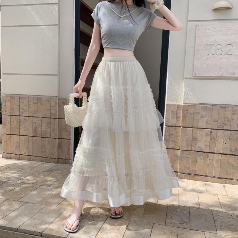 Womens High Waist A-Line Mesh Cake Skirt Slim Fit Sweet Fresh Style Mid-Length