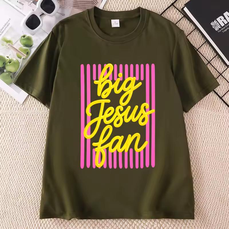 Big Jesus Fan T Shirt Casual Womens Religious T-shirt Christian Tshirt Faith Short Sleeve Round Neck Tees Woman Clothing Printed