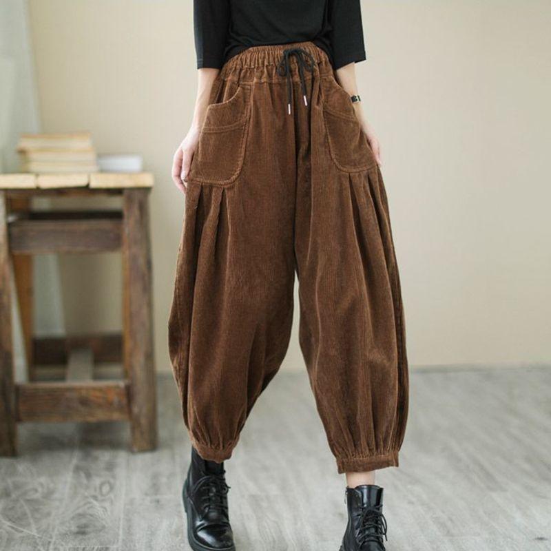 Мешковатые вельветовые утолщенные шаровары, зимние женские шаровары с высокой талией, плюшевые бархатные брюки 90 см, повседневные теплые брюки