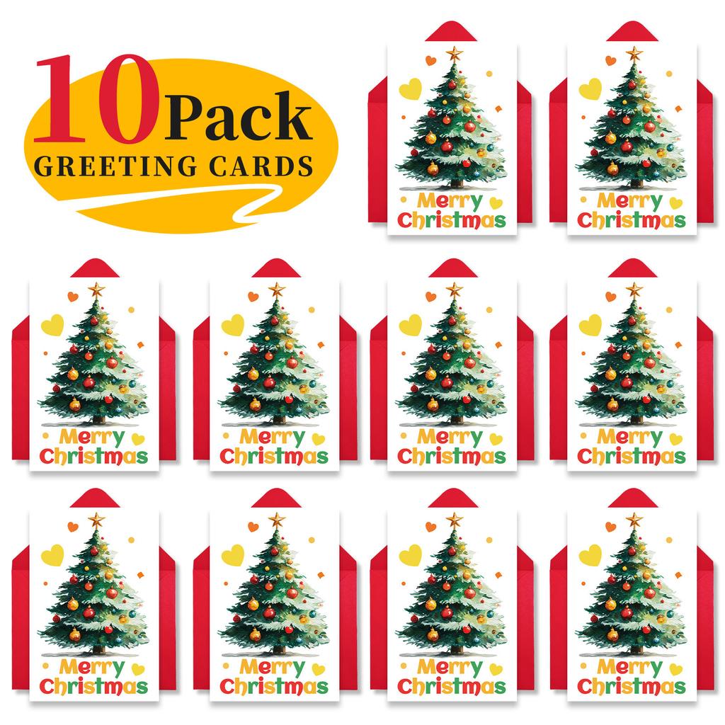 10PCS Large Christmas Greeting Cards with Envelopes, Watercolor Xmas Tree Cards for Holiday & New Year Gifts