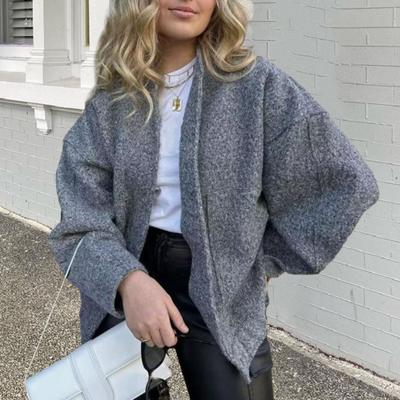 Женская осенне-зимняя бейсбольная куртка с воротником-стойкой, длинным рукавом и потайными пуговицами, повседневная куртка с большими карманами, однотонная куртка, пальто