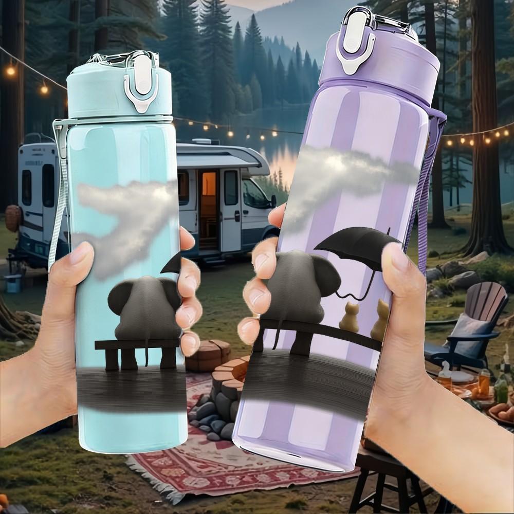 1PC Elephant Umbrella Cloud Art 750ml Color Plastic Sports Water Bottle Leakproof Flip Straw Lid Suitable for Sports Office Home Use