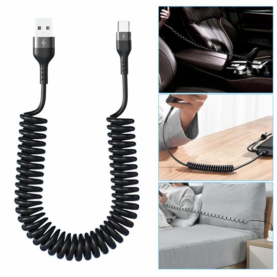Витой кабель USB-USB C, выдвижной шнур автомобильного зарядного устройства для IPhone, Android, передача данных, пружинный дизайн, кабель для быстрой зарядки 5А