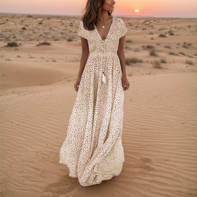 Стильное летнее платье с V-образным вырезом и коротким рукавом, длинное платье в горошек в стиле бохо на праздники