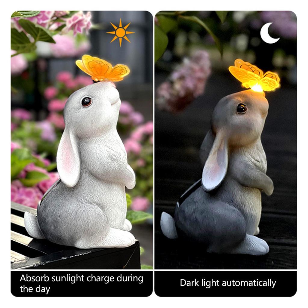 Garden Statue Outdoor Decoration Dog Rabbit with Solar Butterfly Light for Patio Yard Ornaments Resin Animal Figurine