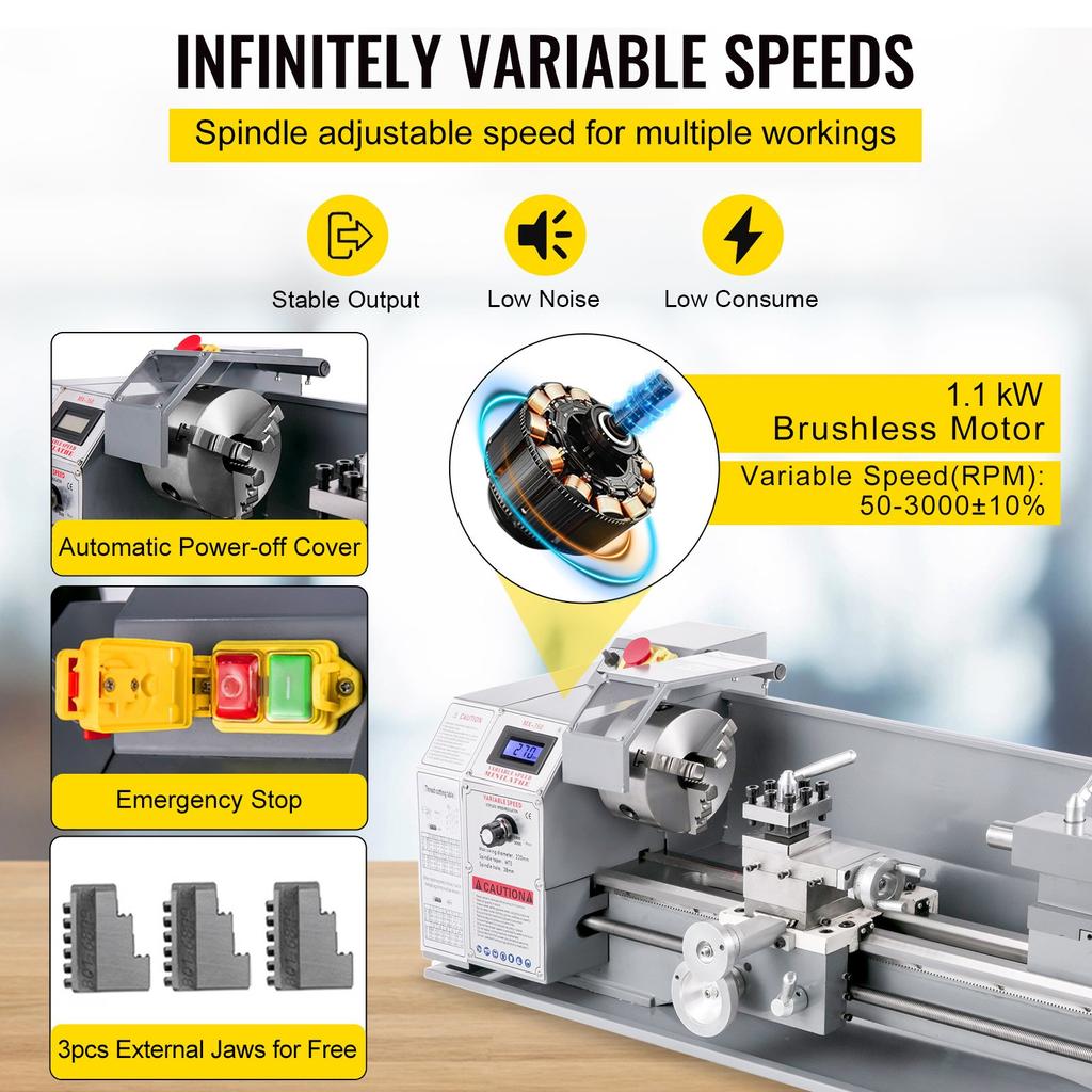 VEVOR 1100W Mini Metal Lathe 220MMx750MM Variable-Speed Metal Lathe RPM Metal Milling Machine Digital Milling Metal Lathe with 3-Jaw Chuck