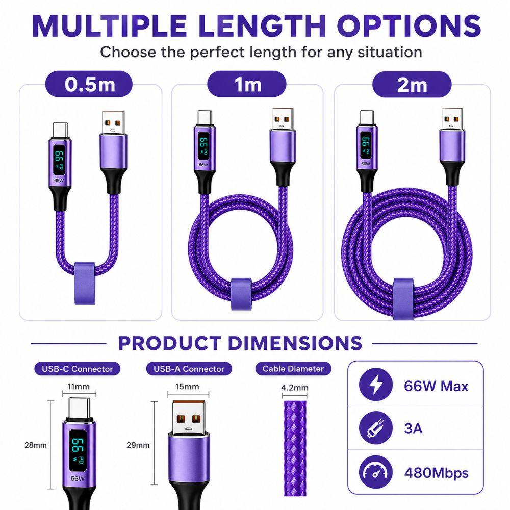 66W USB-A to USB-C Cable Nylon Braided Fast Charging Data Cable Phone Charging