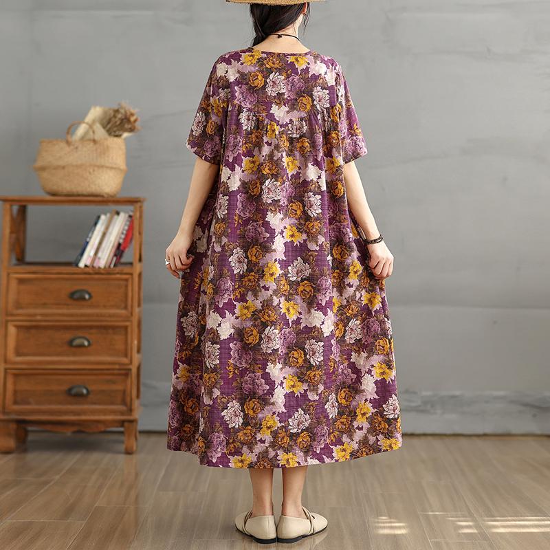 DIMANAF Women 2025 Summer Plus Size Vintage Printing Dress Loose Casual Dress Basic Floral Short Sleeve Long Dress