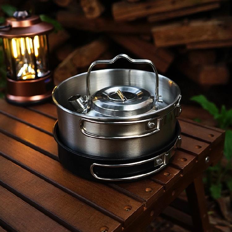 Stainless Steel Camping Cookware Set with Folding Lid Camping Pot Pan Kettle Set