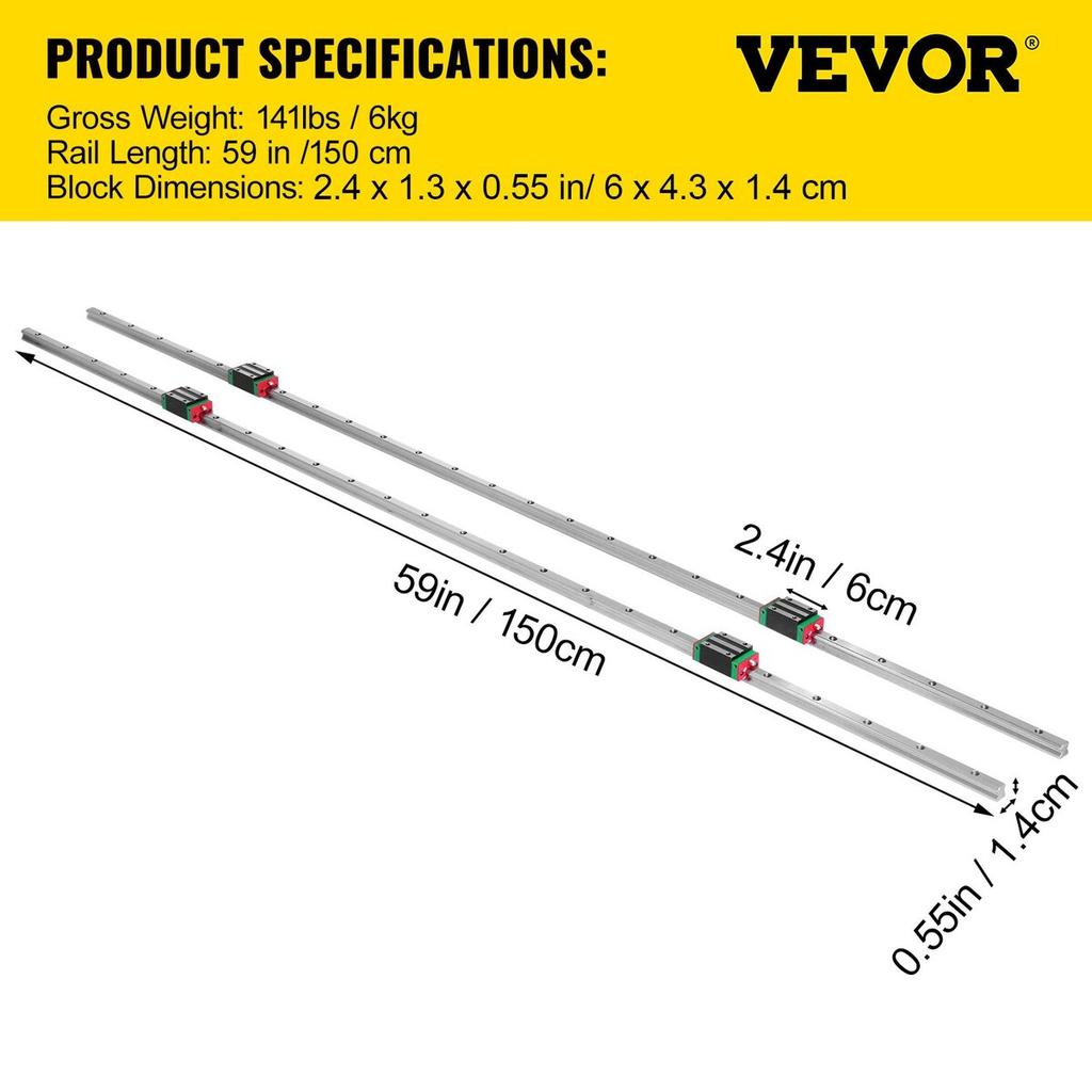 2X 15-1500mm Linear Guideway Rail with 4Pcs Pillow Block Carriage Bearing Block for 15mm Slotted Block Square Block Linear Rail Routers CNC Set