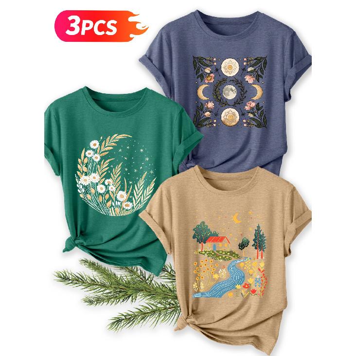 Three-piece set Starry Moon Countryside Scenery Printed Pattern Short Sleeve Vintage Round Neck T Fresh and natural style loose-fitting shirt 2026