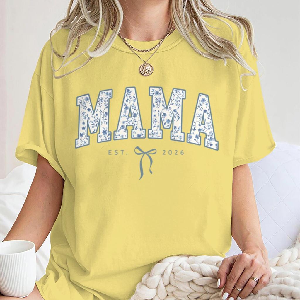 Vintage Floral MAMA EST 2026 TShirt Women Coquette Bow Print Casual Short Sleeve Tee New Fashion Mom Gift