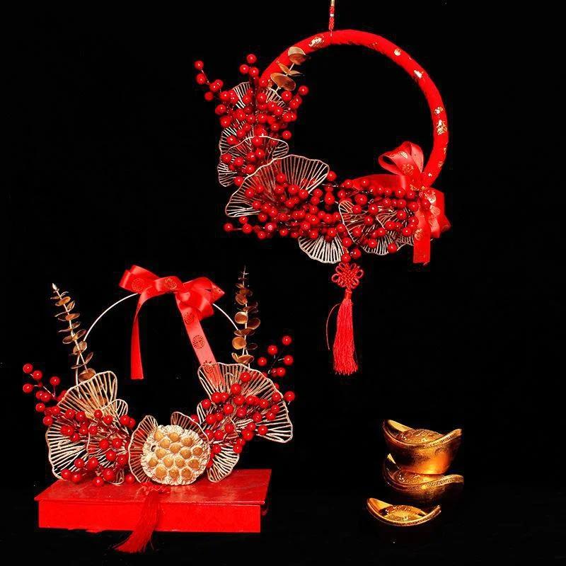 Chinese Style Red Berries Craft Ring Exquisite Lotus Model Wreath Red Berry Wreath God of Wealth Iron Ring for Wedding New Year