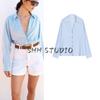 Spring and Summer New Women's Clothing Decorated Row Button Linen Blended Lapel Loose Long Sleeves Stripes Shirt 2886909