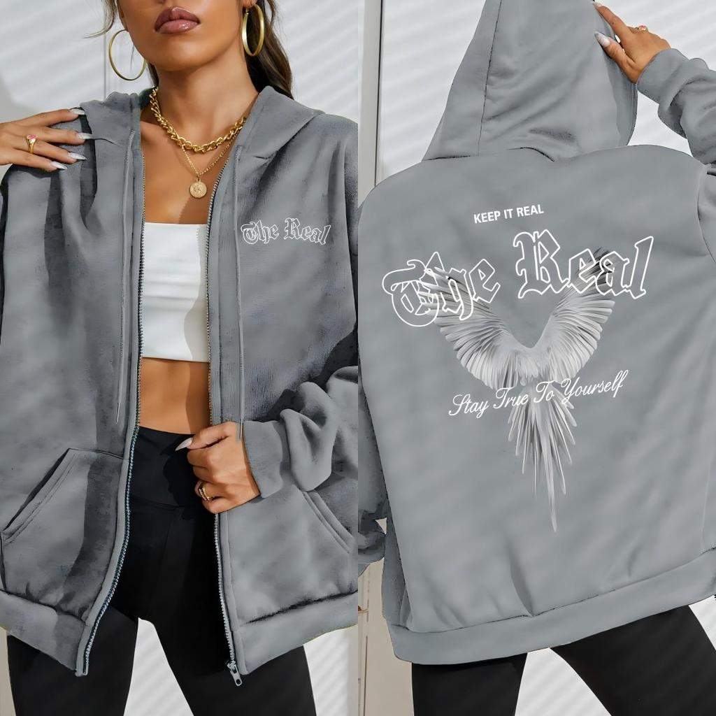 Keep It The Real Wings Creative Printing Zipper Hoodie Women Autumn Loose Hoody Casual Fleece Sportswear Clothing