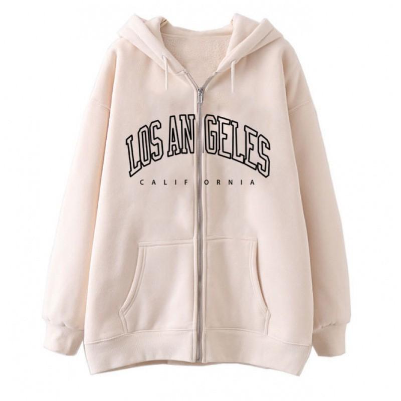 Zip-Up Hooded Sweatshirt Women Loose Fit Streetwear Geometric Print Cotton Long Sleeve Oversized Pullover