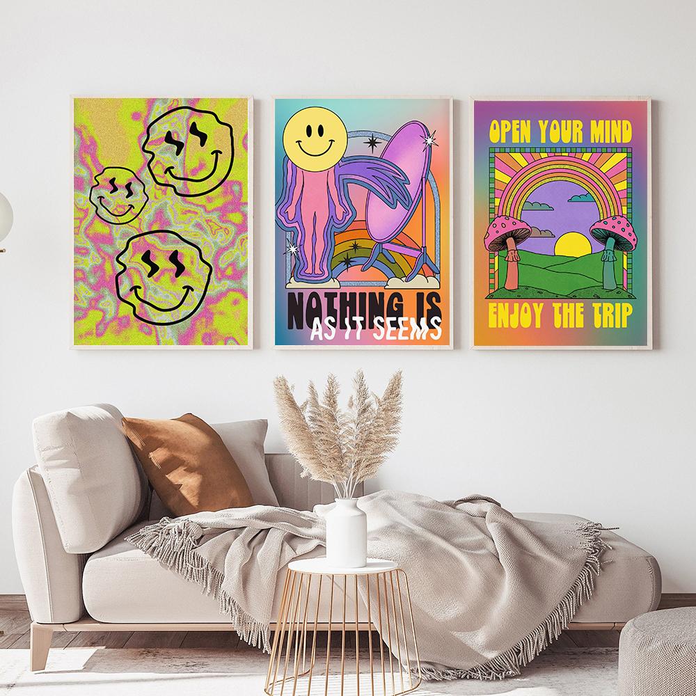 Bohemian Colourful Trippy Spiritual Flower Art Poster Print Retro Fashion Rainbow Smiley Face Canvas Painting Nursery Room Decor