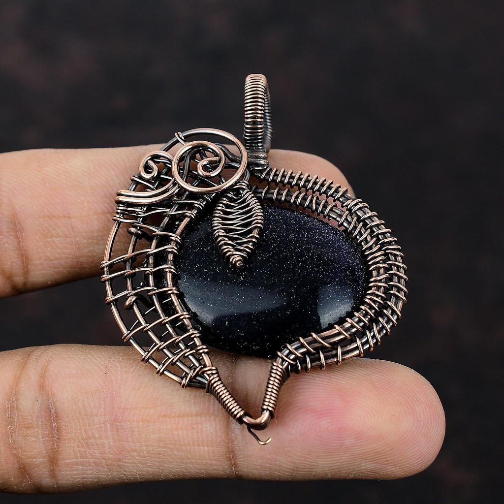 Кулон из синего солнечного камня, обернутый медной проволокой, Ювелирные изделия, Кулон из драгоценного камня, Украшения ручной работы, Стильный кулон, Кулон, обернутый медной проволокой, Подарок для нее