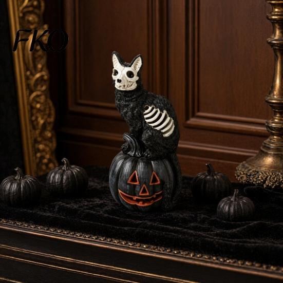 Outdoor Small Landscaping Ornament Halloween Skull Black Cat Pumpkin Figurine, Gothic Statue with Hollow Ribs, Resin Carved Decoration