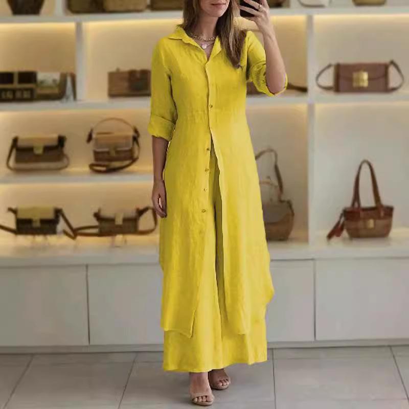 Женский летний, весенний и осенний элегантный хлопковый и льняной костюм с приталенными широкими брюками и длинными рукавами