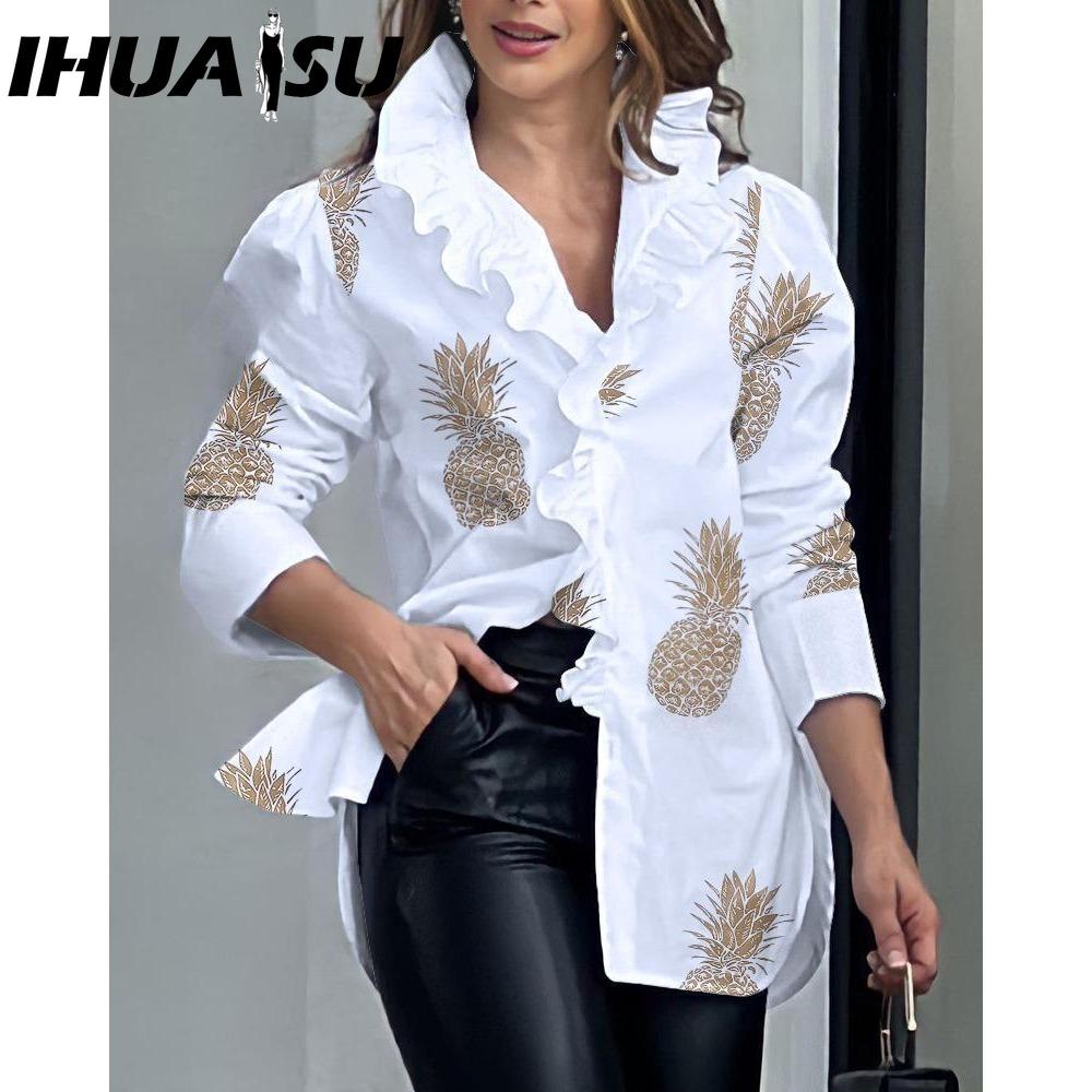 IHUASU Women's Fashion Casual Long Sleeve POLO Neck Blouses & Shirts