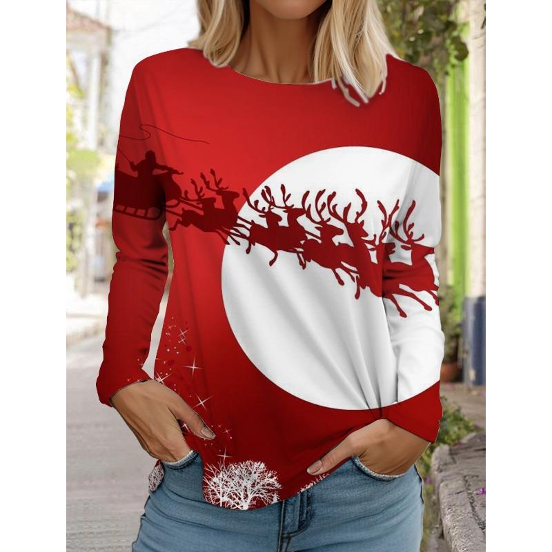 Женская футболка с длинным рукавом и рождественским принтом оленей, спортивный повседневный милый полиэстер с круглым вырезом и длинным рукавом