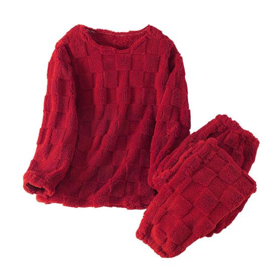 2 Pcs/Set Winter Pajamas Set Thickened Coral Fleece Checked Texture Round Neck Long Sleeves Top Wide Leg Elastic Waist Trousers Homewear Loungewear